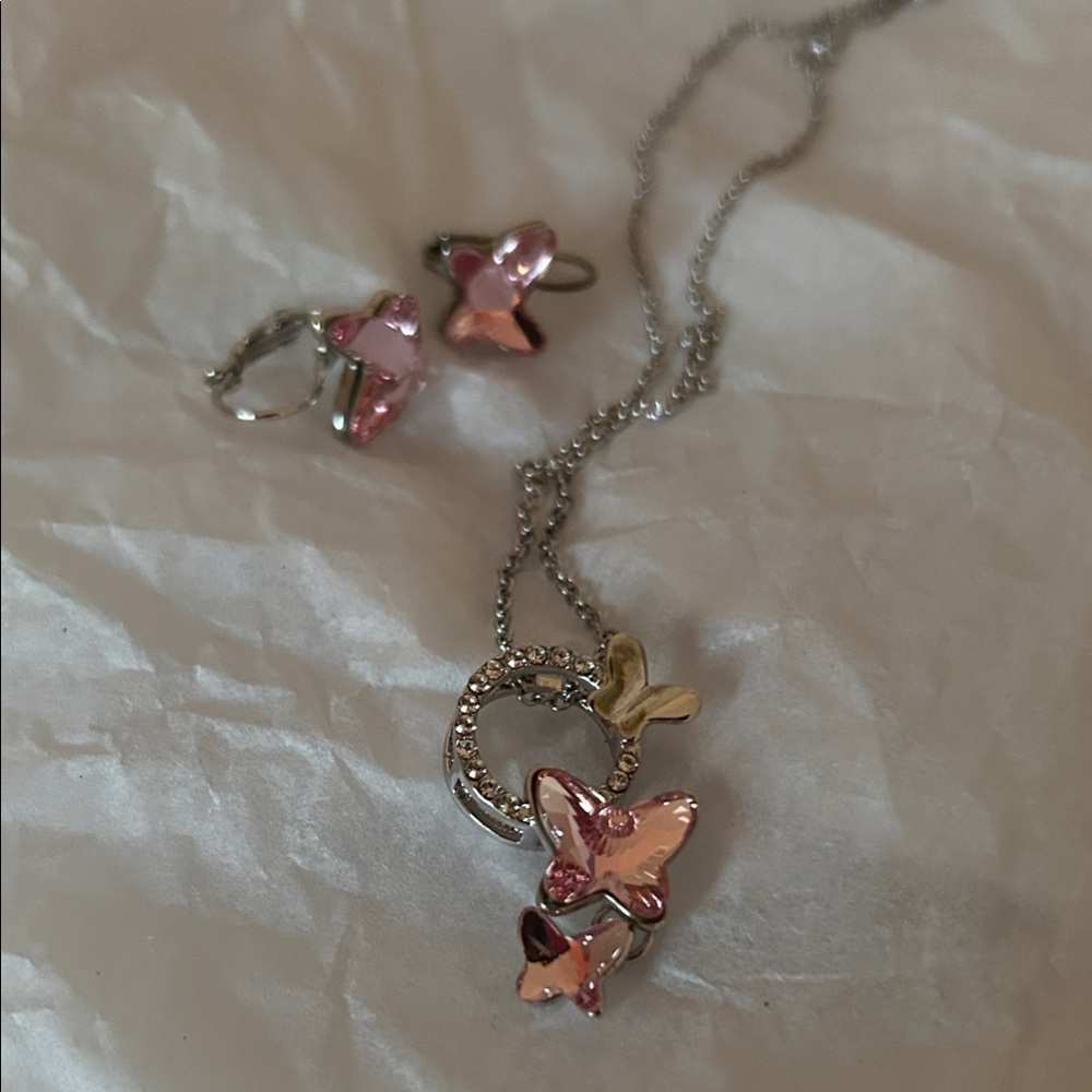 T400 Pink Butterfly Necklace and Earring Set
